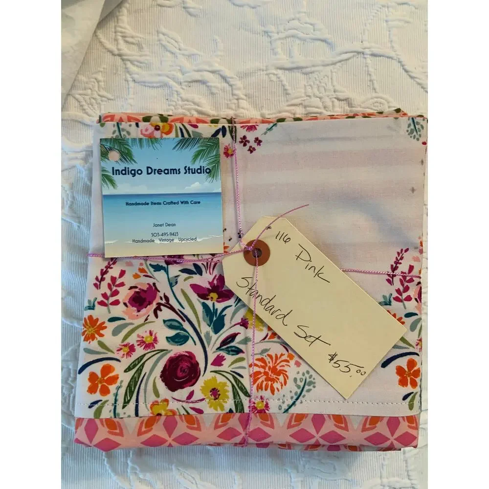 Gorgeous Handmade Pink Geometric Pillowcase Set with Floral Border